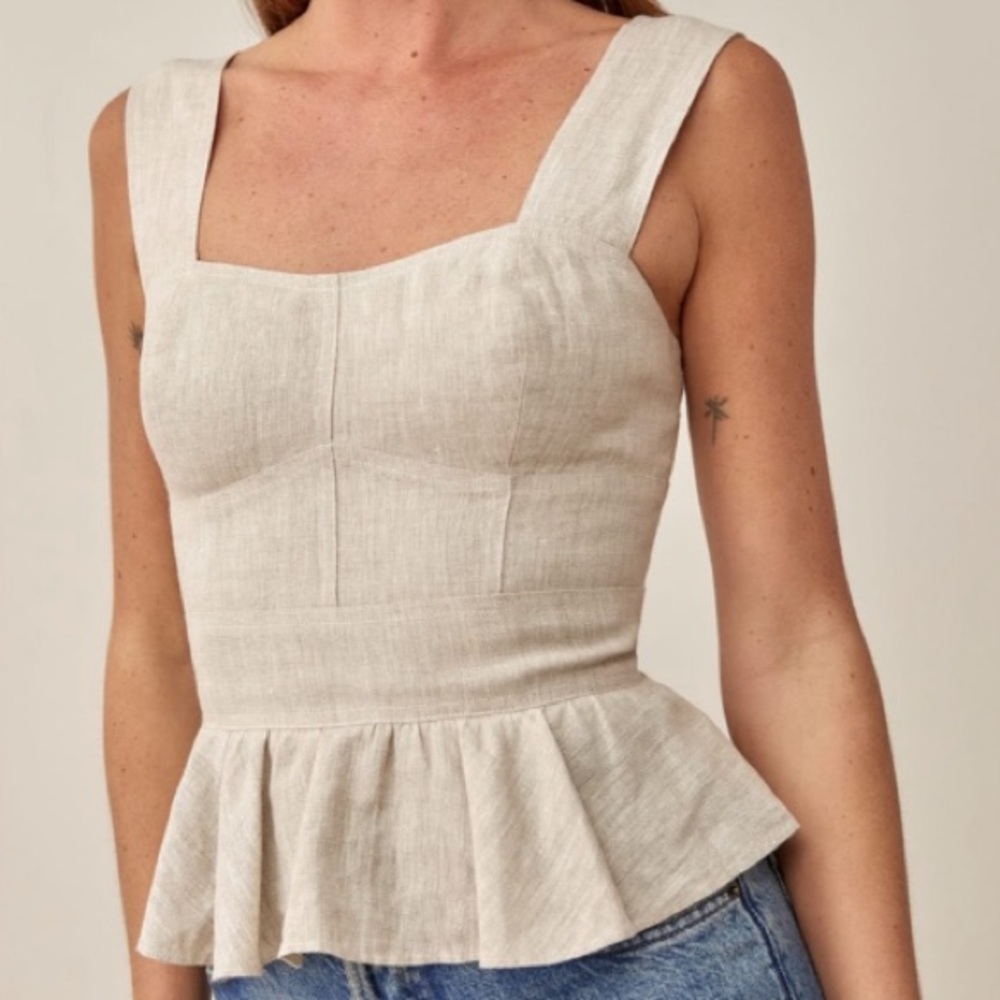 Reformation Beige Linen Peplum Blouse